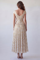 Load image into Gallery viewer, Sparkly Champagne V-Neck Ruched A Line Long Formal Dress with Beading