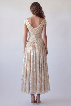 Sparkly Champagne V-Neck Ruched A Line Long Formal Dress with Beading