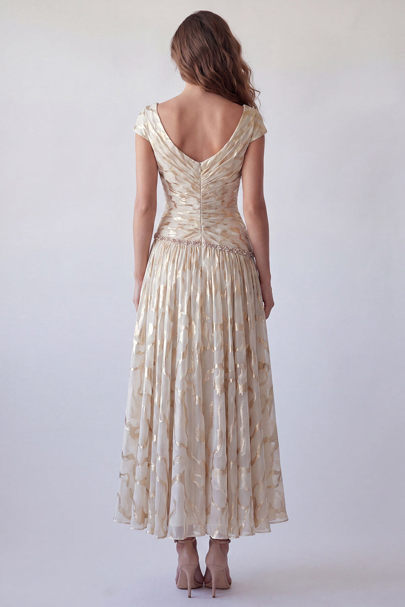Load image into Gallery viewer, Sparkly Champagne V-Neck Ruched A Line Long Formal Dress with Beading