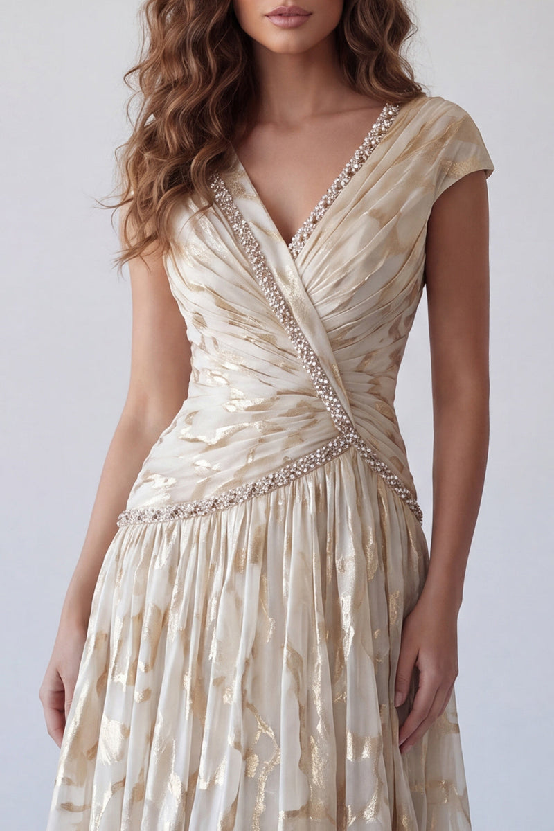 Load image into Gallery viewer, Sparkly Champagne V-Neck Ruched A Line Long Formal Dress with Beading