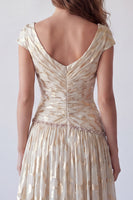Load image into Gallery viewer, Sparkly Champagne V-Neck Ruched A Line Long Formal Dress with Beading