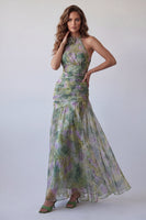 Load image into Gallery viewer, Dusty Sage Floral Ruched Halter Long A Line Formal Dress with 3D Flower