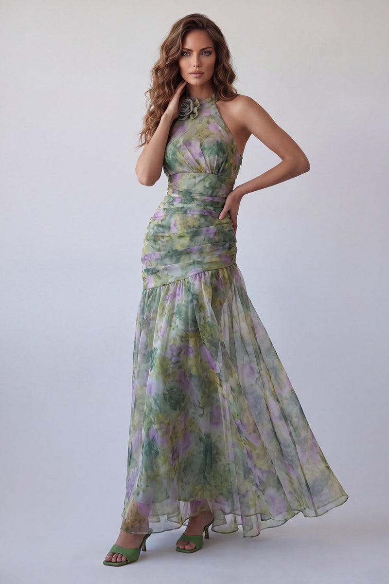Load image into Gallery viewer, Dusty Sage Floral Ruched Halter Long A Line Formal Dress with 3D Flower