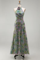 Load image into Gallery viewer, Dusty Sage Floral Ruched Halter Long A Line Formal Dress with 3D Flower