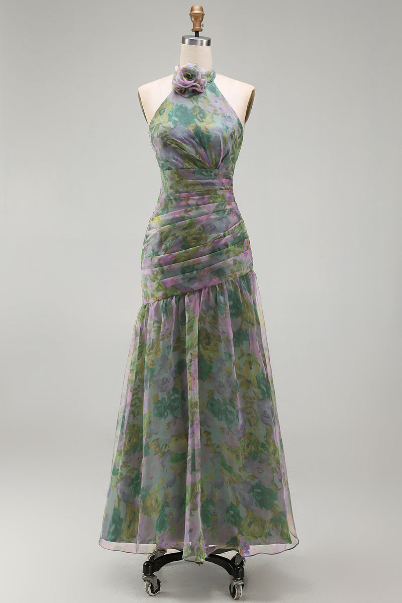 Load image into Gallery viewer, Dusty Sage Floral Ruched Halter Long A Line Formal Dress with 3D Flower