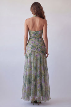 Dusty Sage Floral Ruched Halter Long A Line Formal Dress with 3D Flower