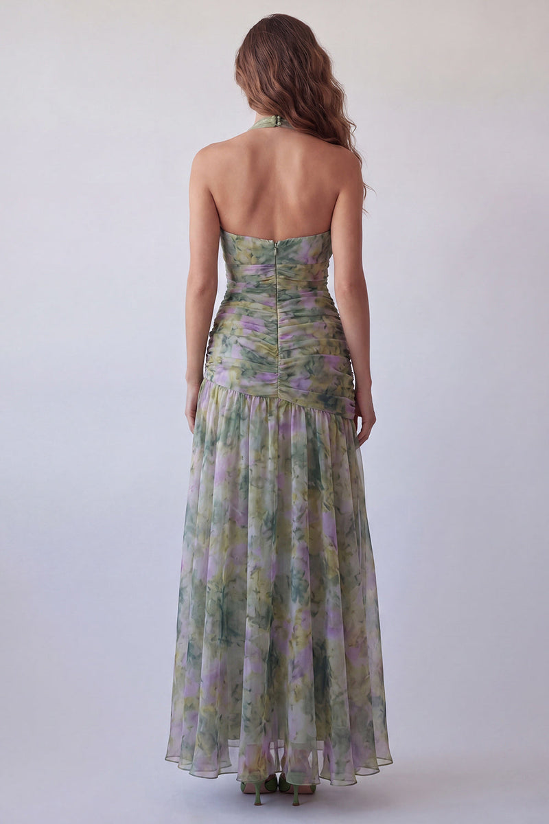 Load image into Gallery viewer, Dusty Sage Floral Ruched Halter Long A Line Formal Dress with 3D Flower