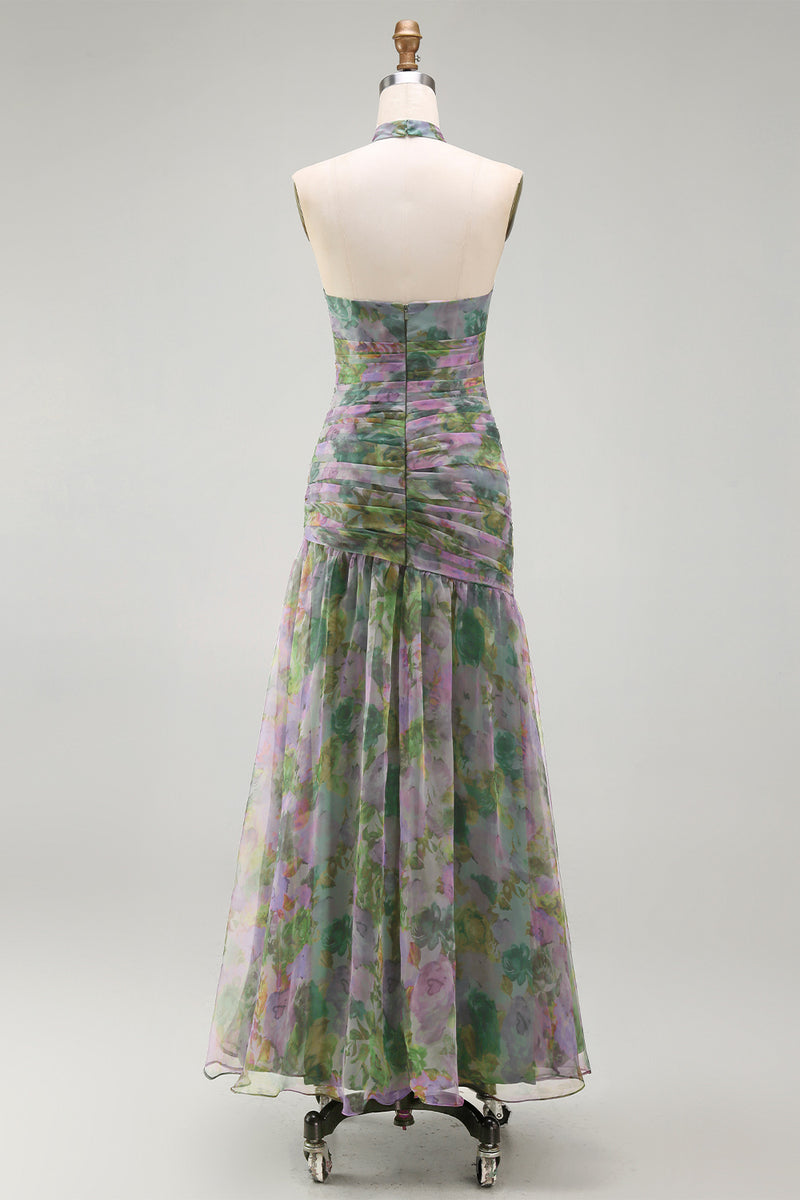Load image into Gallery viewer, Dusty Sage Floral Ruched Halter Long A Line Formal Dress with 3D Flower