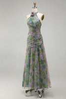 Load image into Gallery viewer, Dusty Sage Floral Ruched Halter Long A Line Formal Dress with 3D Flower