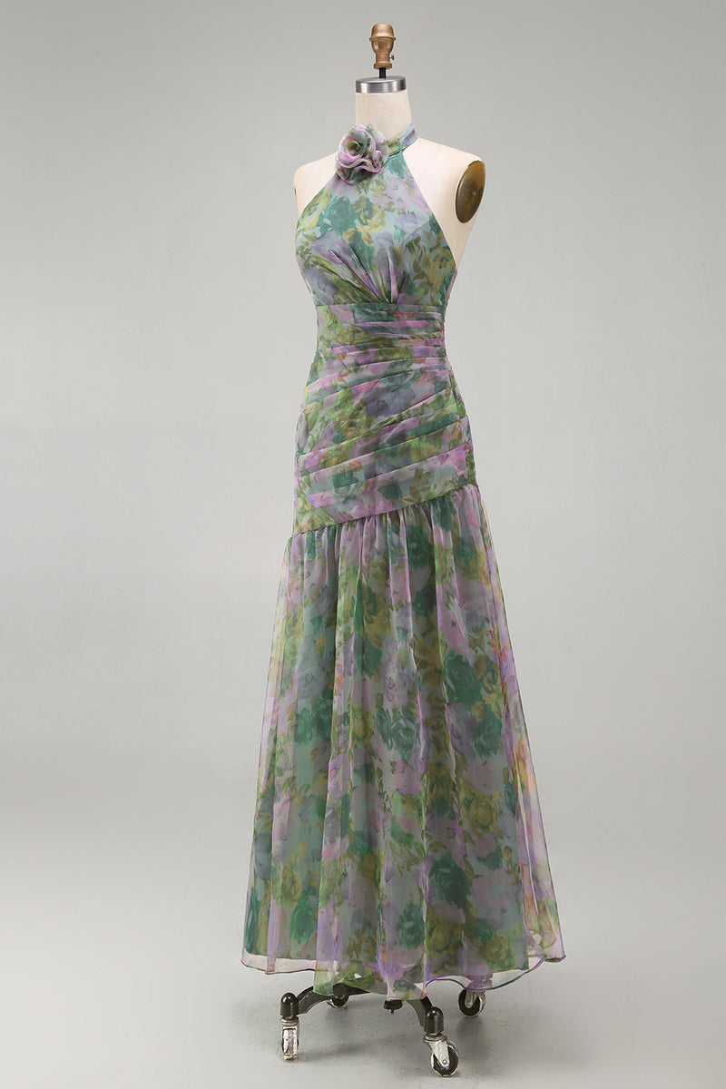 Load image into Gallery viewer, Dusty Sage Floral Ruched Halter Long A Line Formal Dress with 3D Flower