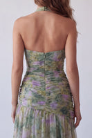 Load image into Gallery viewer, Dusty Sage Floral Ruched Halter Long A Line Formal Dress with 3D Flower