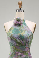 Load image into Gallery viewer, Dusty Sage Floral Ruched Halter Long A Line Formal Dress with 3D Flower