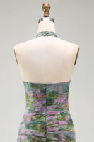 Load image into Gallery viewer, Dusty Sage Floral Ruched Halter Long A Line Formal Dress with 3D Flower