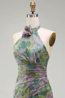 Load image into Gallery viewer, Dusty Sage Floral Ruched Halter Long A Line Formal Dress with 3D Flower