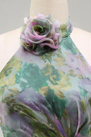 Load image into Gallery viewer, Dusty Sage Floral Ruched Halter Long A Line Formal Dress with 3D Flower