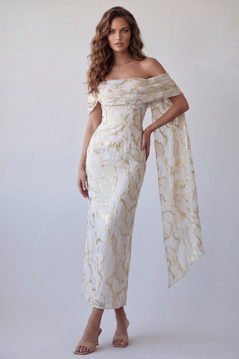 Load image into Gallery viewer, Champagne Sheath Off the Shoulder Long Formal Dress with Shawl