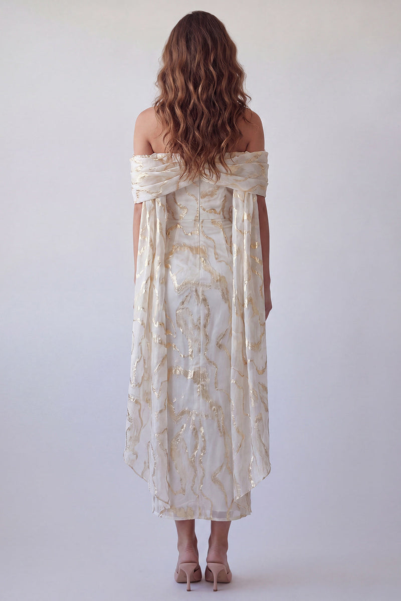 Load image into Gallery viewer, Champagne Sheath Off the Shoulder Long Formal Dress with Shawl