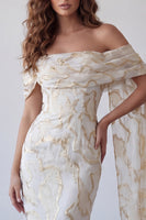 Load image into Gallery viewer, Champagne Sheath Off the Shoulder Long Formal Dress with Shawl