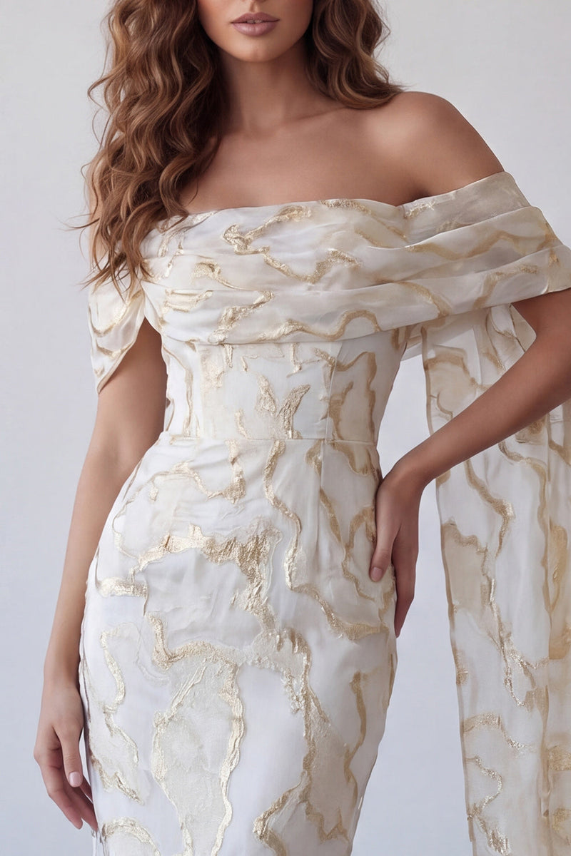 Load image into Gallery viewer, Champagne Sheath Off the Shoulder Long Formal Dress with Shawl