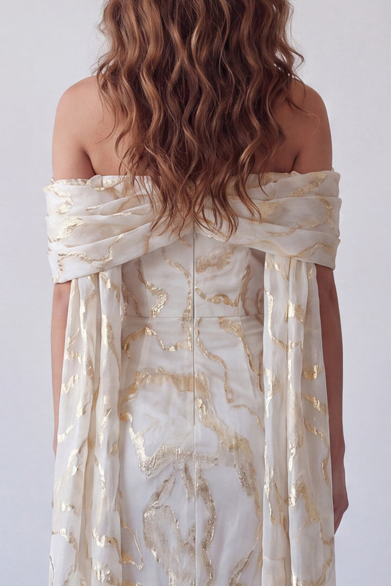 Load image into Gallery viewer, Champagne Sheath Off the Shoulder Long Formal Dress with Shawl
