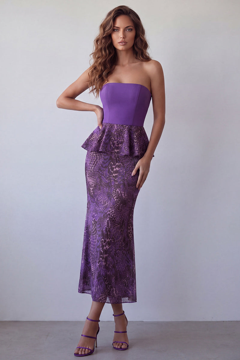 Load image into Gallery viewer, Purple Strapless Mermaid Leopard Print Long Formal Dress with Ruffles