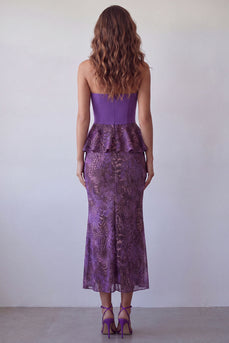 Purple Strapless Mermaid Leopard Print Long Formal Dress with Ruffles