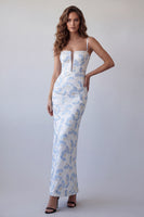 Load image into Gallery viewer, Spaghetti Straps Light Blue Floral Long Sheath Formal Dress