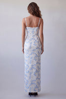 Load image into Gallery viewer, Spaghetti Straps Light Blue Floral Long Sheath Formal Dress