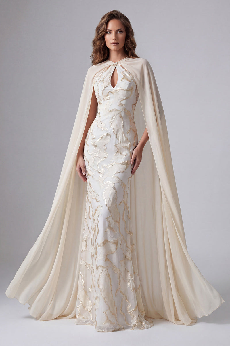 Load image into Gallery viewer, Keyhole Mermaid Champagne Long Formal Dress with Cape