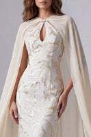 Load image into Gallery viewer, Keyhole Mermaid Champagne Long Formal Dress with Cape