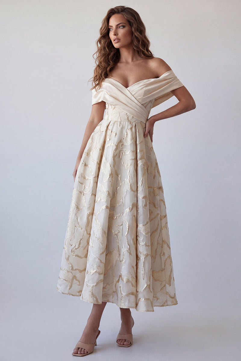 Load image into Gallery viewer, A Line Champagne Ruched Off the Shoulder Long Formal Dress