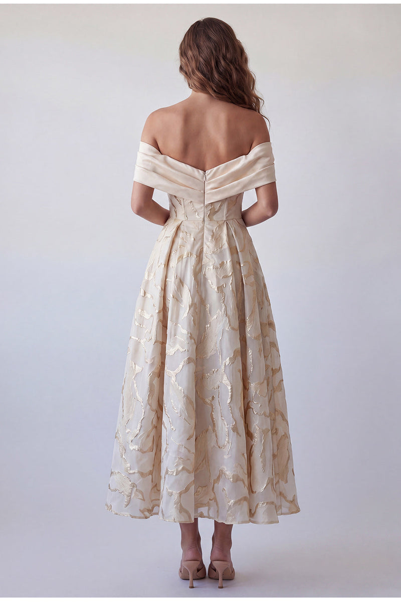 Load image into Gallery viewer, A Line Champagne Ruched Off the Shoulder Long Formal Dress
