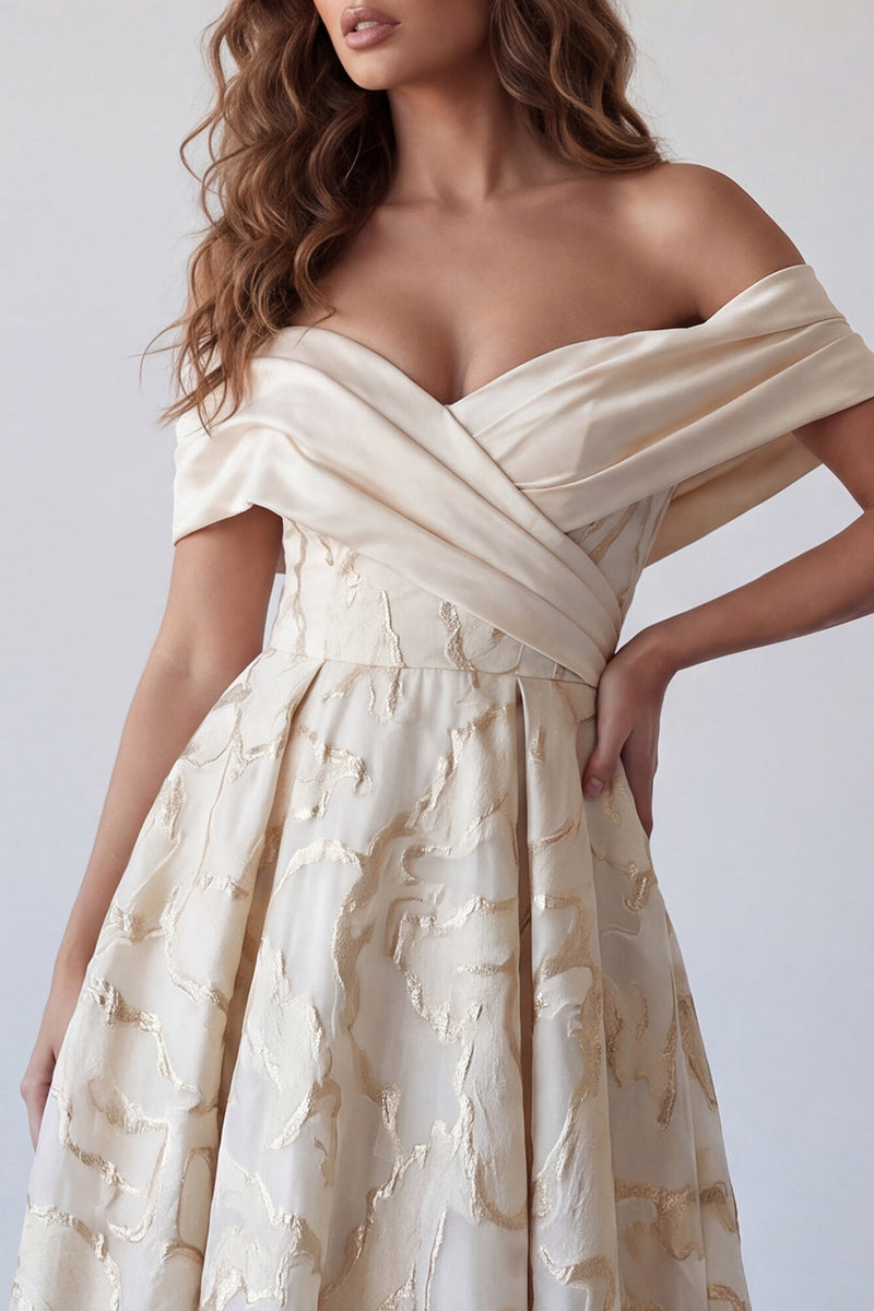 Load image into Gallery viewer, A Line Champagne Ruched Off the Shoulder Long Formal Dress
