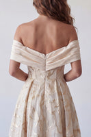 Load image into Gallery viewer, A Line Champagne Ruched Off the Shoulder Long Formal Dress