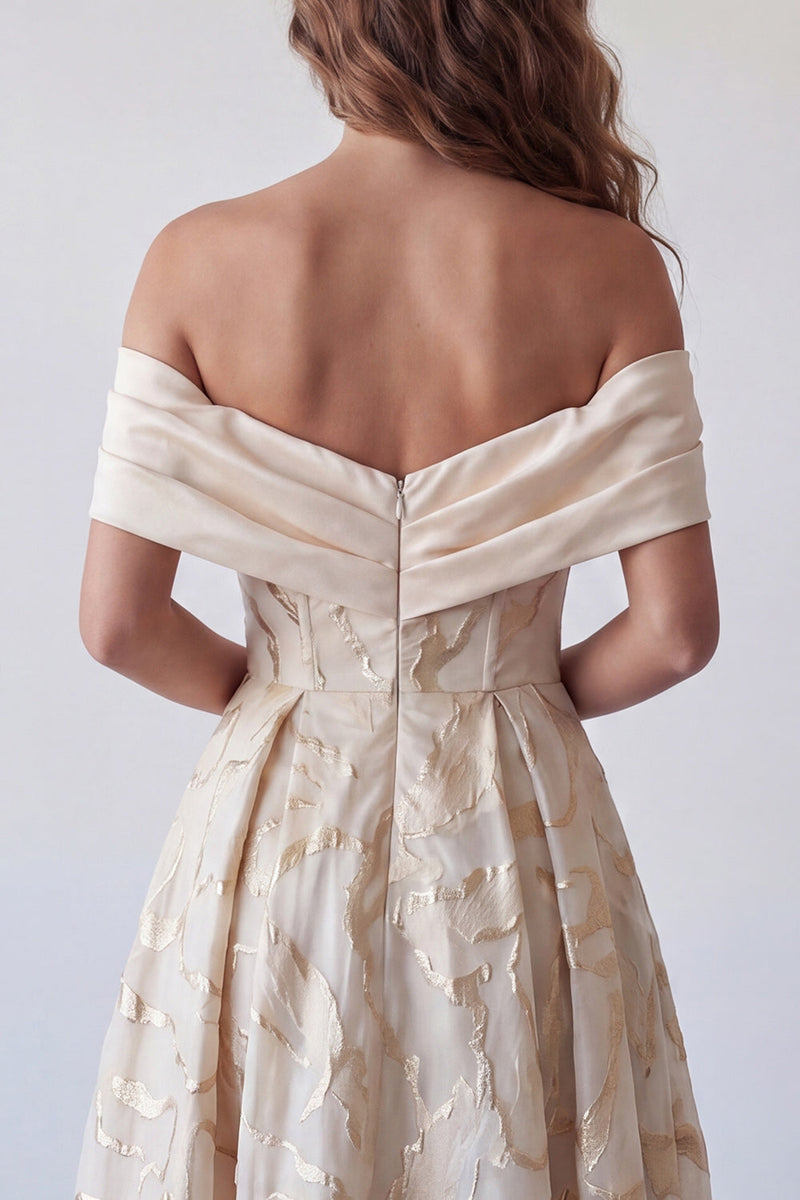 Load image into Gallery viewer, A Line Champagne Ruched Off the Shoulder Long Formal Dress