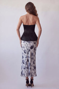Black Strapless Floral Basque Waist Long Mermaid Corset Formal Dress