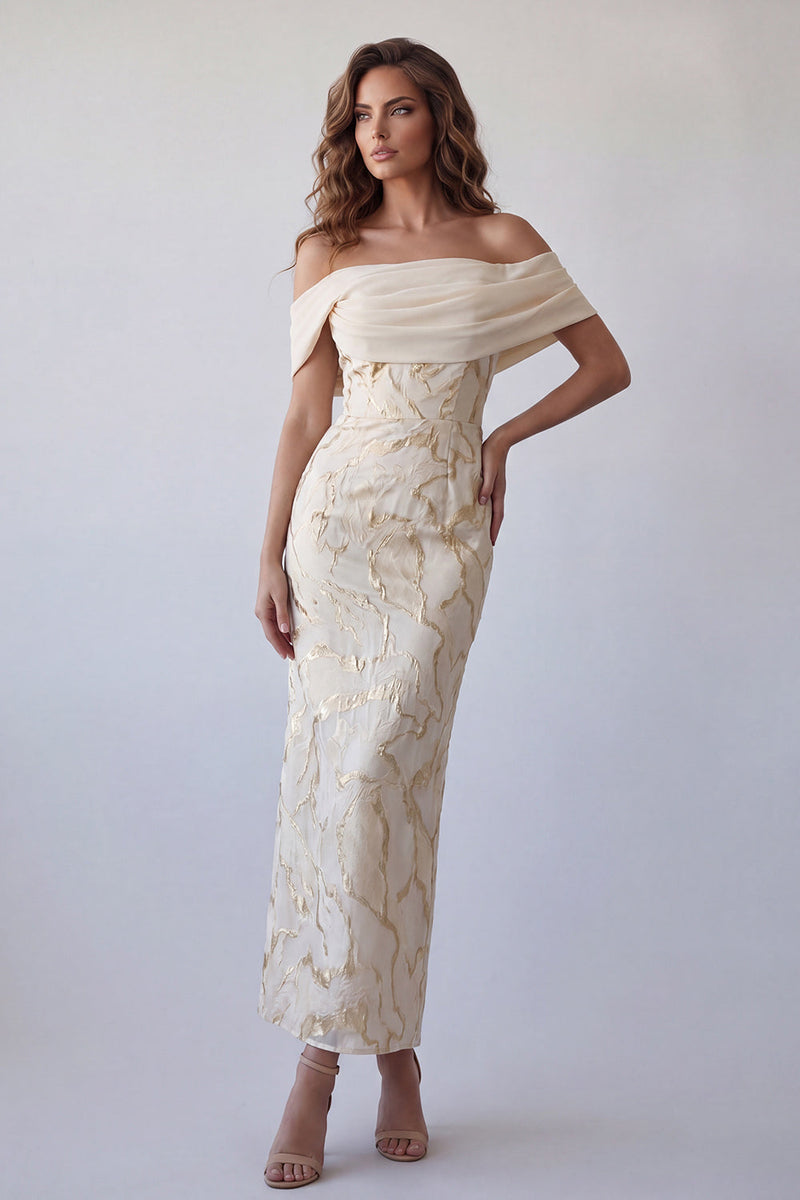 Load image into Gallery viewer, Champagne Sheath Long Off the Shoulder Formal Dress