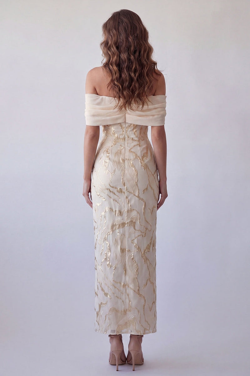 Load image into Gallery viewer, Champagne Sheath Long Off the Shoulder Formal Dress