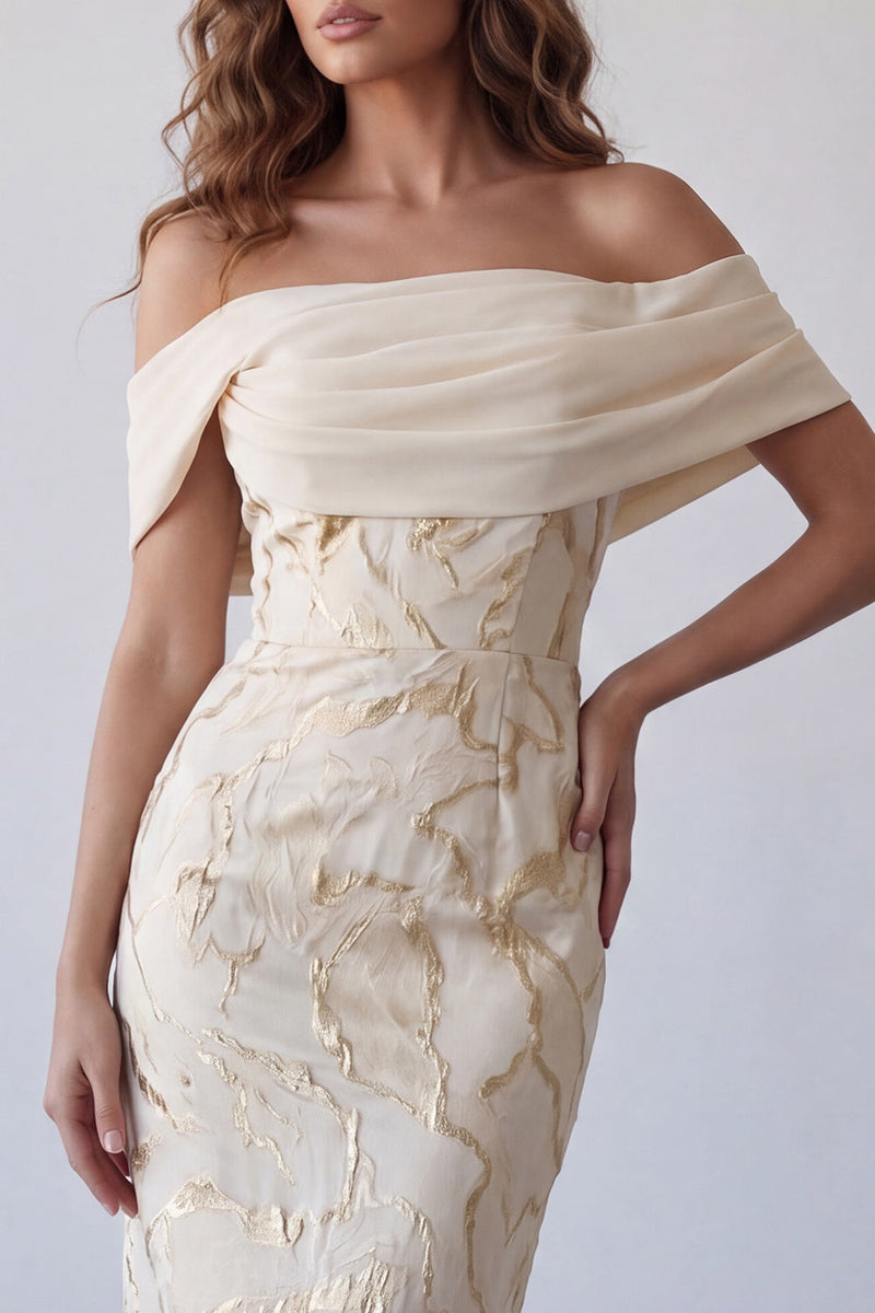 Load image into Gallery viewer, Champagne Sheath Long Off the Shoulder Formal Dress