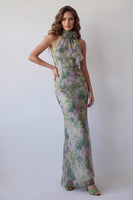 Load image into Gallery viewer, High Neck Mermaid Dusty Sage Long Floral Ruffled Formal Dress with 3D Flower
