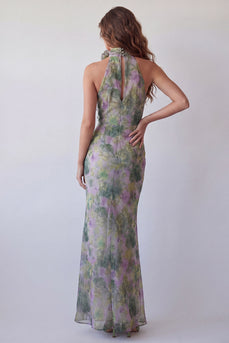 High Neck Mermaid Dusty Sage Long Floral Ruffled Formal Dress with 3D Flower