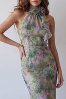 Load image into Gallery viewer, High Neck Mermaid Dusty Sage Long Floral Ruffled Formal Dress with 3D Flower