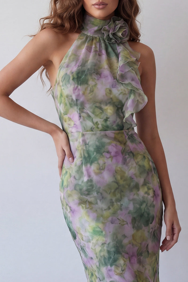 Load image into Gallery viewer, High Neck Mermaid Dusty Sage Long Floral Ruffled Formal Dress with 3D Flower