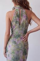 Load image into Gallery viewer, High Neck Mermaid Dusty Sage Long Floral Ruffled Formal Dress with 3D Flower