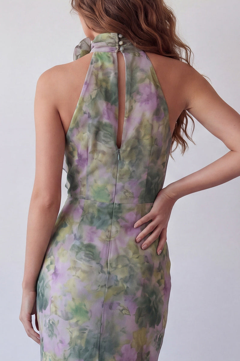 Load image into Gallery viewer, High Neck Mermaid Dusty Sage Long Floral Ruffled Formal Dress with 3D Flower