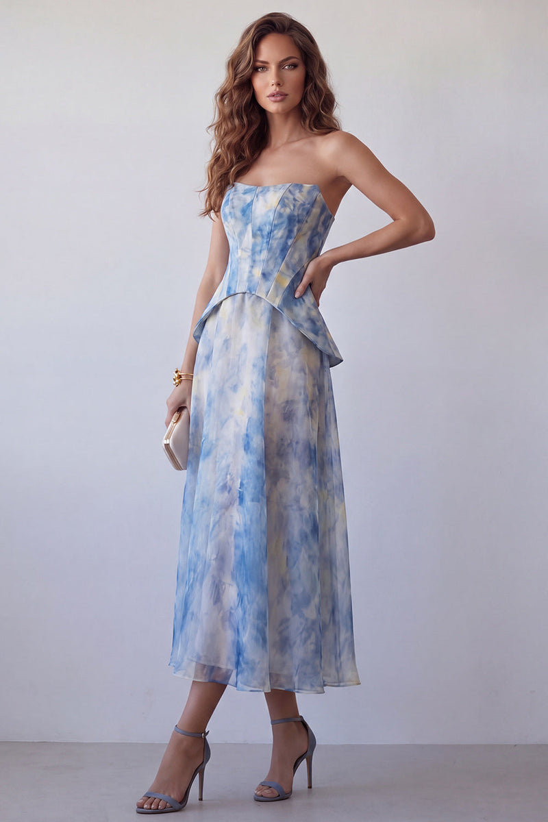 Load image into Gallery viewer, Dusty Blue Tie Dye Basque Waist Strapless Long Corset A Line Formal Dress