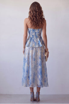 Dusty Blue Tie Dye Basque Waist Strapless Long Corset A Line Formal Dress