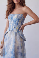 Load image into Gallery viewer, Dusty Blue Tie Dye Basque Waist Strapless Long Corset A Line Formal Dress