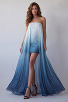 Load image into Gallery viewer, Strapless Lake Blue Tie Dye Beach Formal Dress with Cape