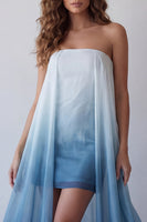 Load image into Gallery viewer, Strapless Lake Blue Tie Dye Beach Formal Dress with Cape